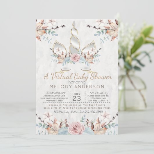 Woodland Unicorn Virtual Baby shower Silver Kaart (Staand voorkant)