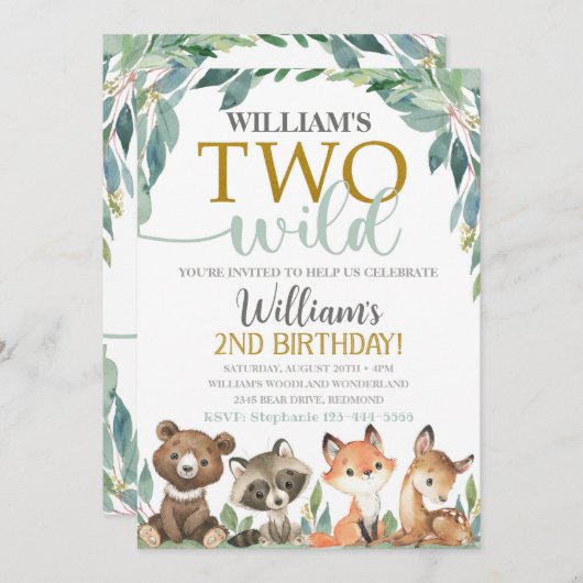 Woodland Verjaardag Uitnodiging Twee Wild Uitnodig (Voorkant / Achterkant)