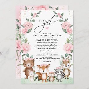 Woodland Virtual Baby shower Blush Floral Animals Kaart