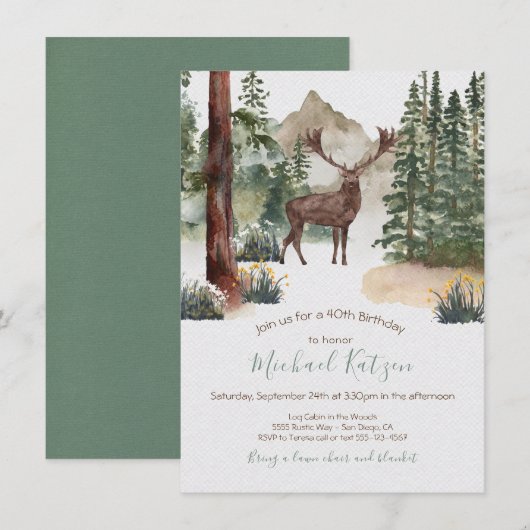 Woodland Waterverf Forest Birthday Invitation Kaart (Voorkant / Achterkant)