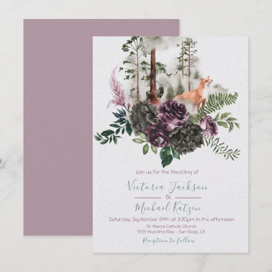 Woodland Waterverf Fox Forest Wedding-uitnodiginge Kaart (Voorkant / Achterkant)