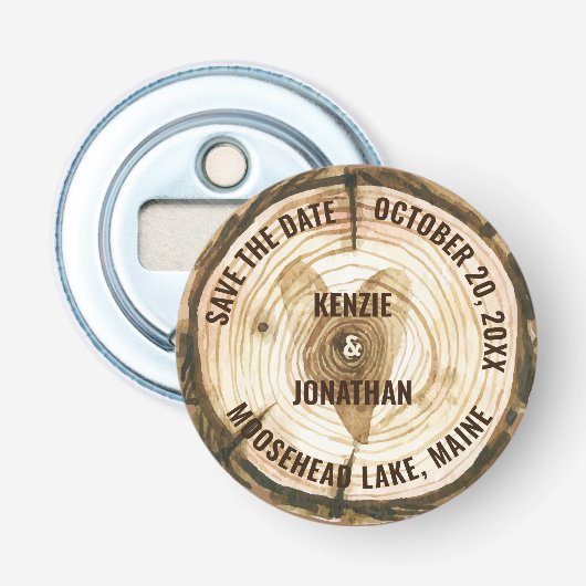 Woodland Wedding Save the Date Tree Ring Heart Button Flesopener (Voorkant)