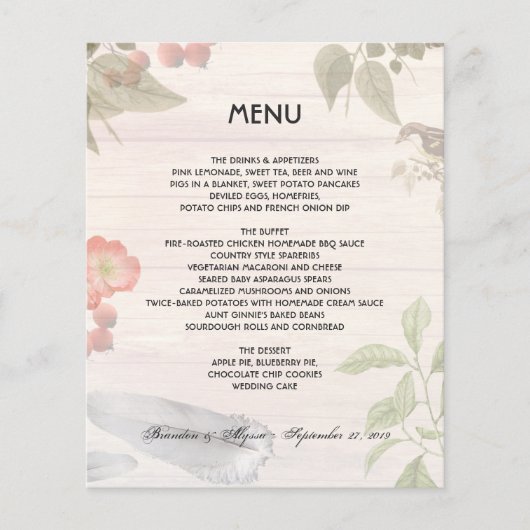 Woodland Wedding Theme Natuur Menu Sjabloon (Voorkant)