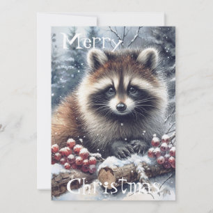 Woodland Winter Raccoon Kerst Waterverf Feestdagenkaart