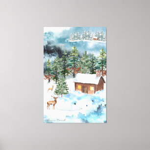 Woodland Winter Scene Waterverf "Laura Corah Art" Canvas Afdruk