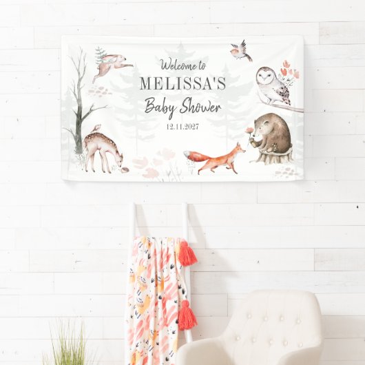 Woodlands Rustic Forest Animals Baby shower Custom Spandoek (Insitu)