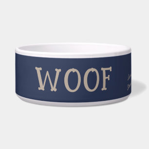 Woof Leuke Typografie Navy Blue Gepersonaliseerde  Voerbakje