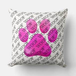 WOOF typografie roze hond poot print modern huisdi Kussen