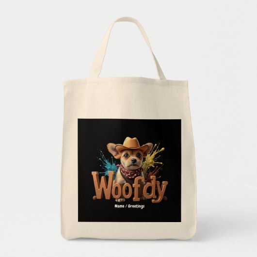 Woofdy Funny Western Cowboy Dog in de Verenigde St Tote Bag (Voorkant)