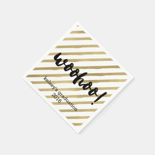 Woohoo | Zwarte en Faux Gold Stripe Afstuderen Servetten (Hoek)