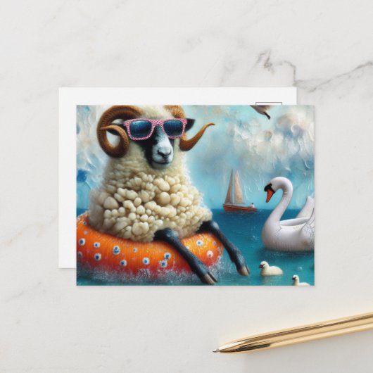 Wooly Sheep houdt van Drijven in een meer Briefkaart (Voorkant / Achterkant in situ)
