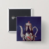 Worcester koffiepot, versierd met vogels vierkante button 5,1 cm (Voorkant /achterkant)