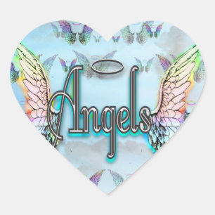 Word Art Angel met Wings & Halo - Regenboog gekleu Hart Sticker