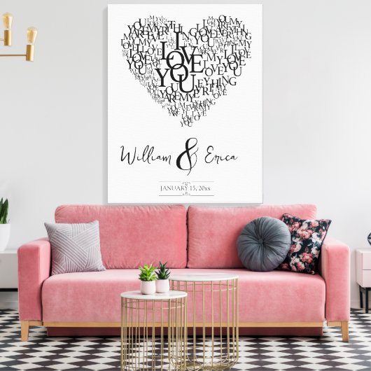 Word Art Bruiloft Hart 1e Verjaardag Canvas Afdruk (Insitu (Woonkamer))