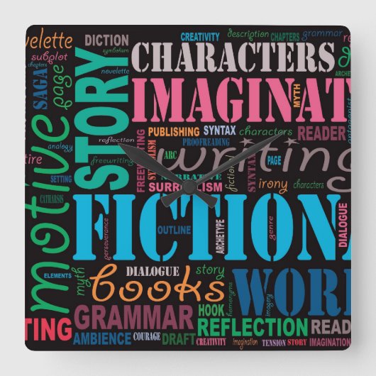 Word Art Clock van Fiction Writer Vierkante Klok (Voorkant)