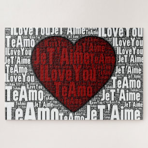 Word Art: "Ik hou van je" 3 talen - Rood hart Legpuzzel