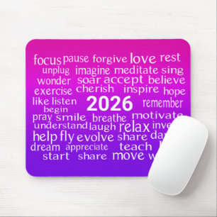 Word Cloud 2026 op roze en Paarse Muismat