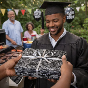 Word Collage Black en White afstuderen Cadeaupapier