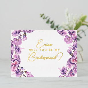Word je mijn bruidsmeisje? paarse orchidee folie uitnodiging
