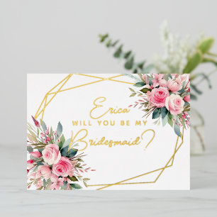 Word jij mijn bruidsmeisje? roze rozen folie uitnodiging