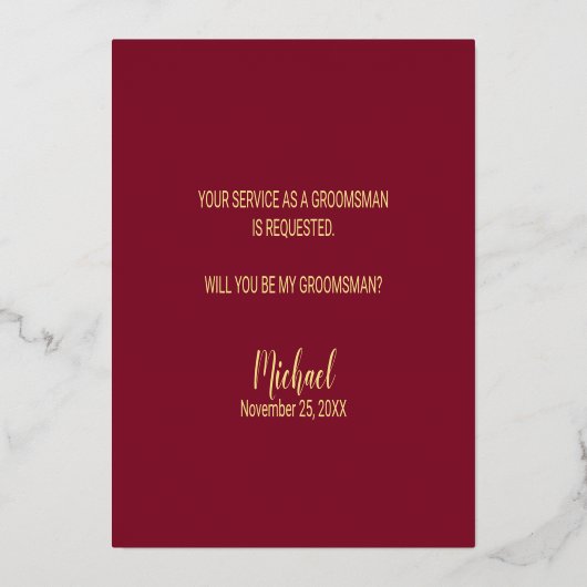 Word jij mijn groomman? Bourgondië en goud Folie Uitnodiging (Achterkant)