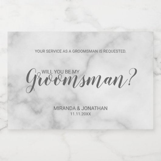 Word jij mijn groomman? Modern wit marmer Sparkling Wijnetiket (Enkel label)