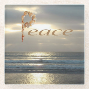 Word Peace with Seashells Ocean Horizon Landscape Glazen Onderzetter