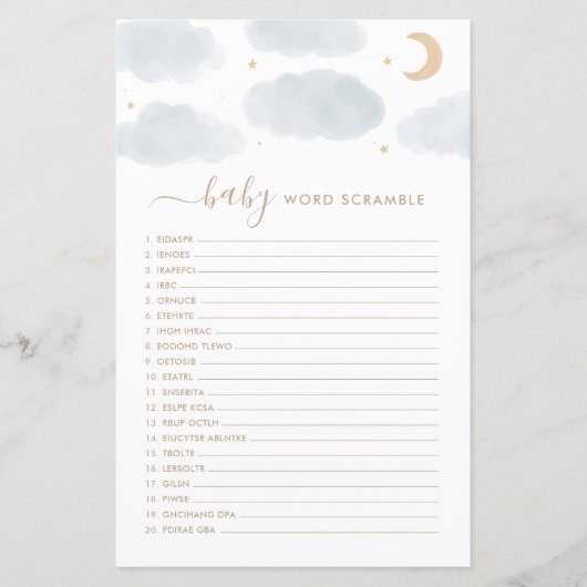 Word Scamble Baby shower Game over de maan (Voorkant)