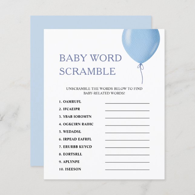 Word Scramble | Blue Balloon Baby shower spel (Voorkant / Achterkant)