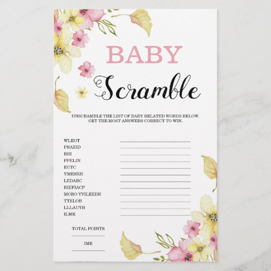 Word Scramble Floral Baby shower Game (Voorkant)