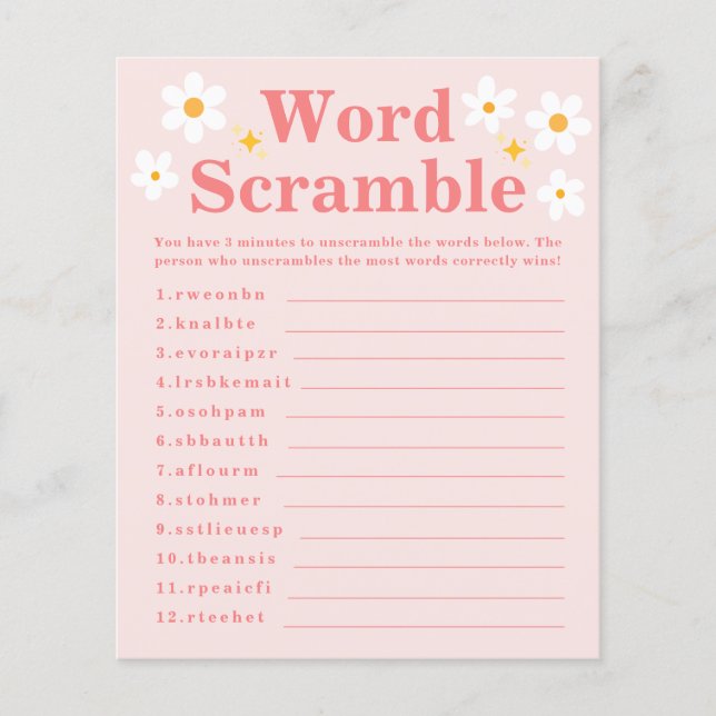 Word Scramble Game Roze Daisy Spring Baby shower (Voorkant)