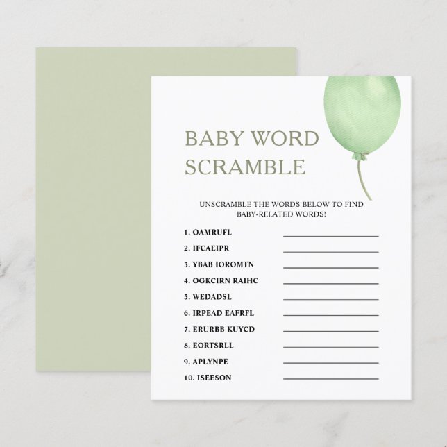 Word Scramble | Groene ballon Baby shower spel (Voorkant / Achterkant)