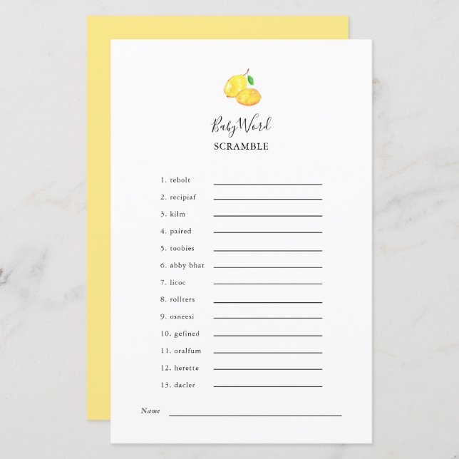 Word Scramble Lemon Baby shower Game Elegant (Voorkant / Achterkant)
