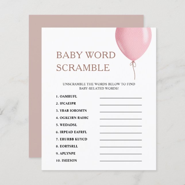 Word Scramble | Pink Balloon Baby shower spel (Voorkant / Achterkant)