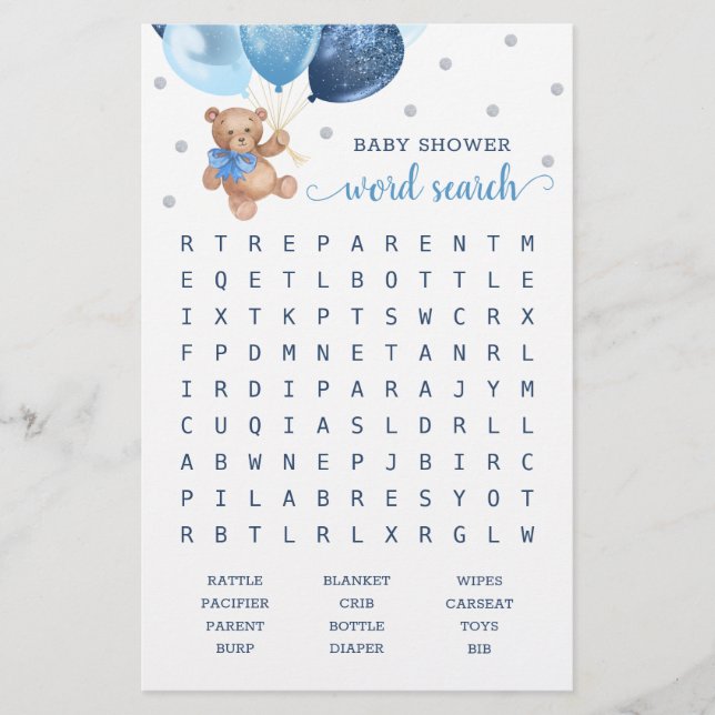 Word Search Game Baby shower Teddy Bear (Voorkant)