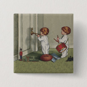 Word wakker met de kerstschattige illustratie van  vierkante button 5,1 cm