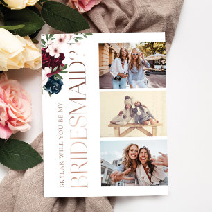 Wordt jij mijn Bridesmaid Red & Navy Florals foto? Uitnodiging Briefkaart