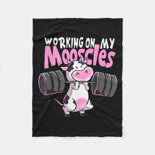 Working On My Mooscles Funny Gym Cow Weightlifting Fleece Deken (Voorkant)