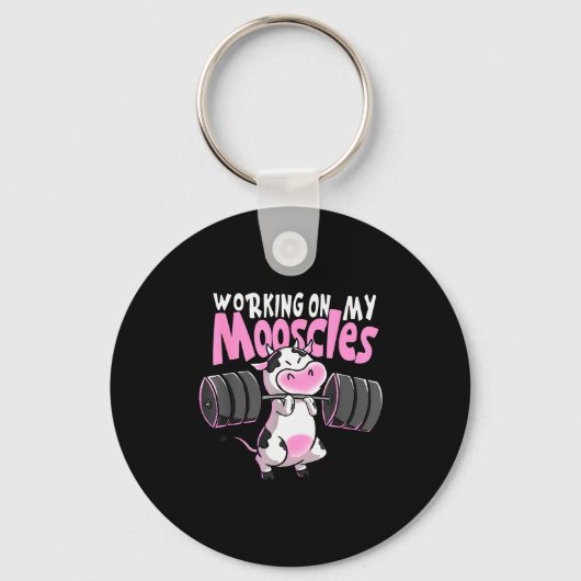 Working On My Mooscles Funny Gym Cow Weightlifting Sleutelhanger (Voorkant)