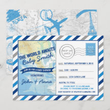World Awaits Baby shower Invitation Blue Briefkaar
