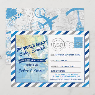 World Awaits Baby shower Invitation Blue Briefkaar Kaart