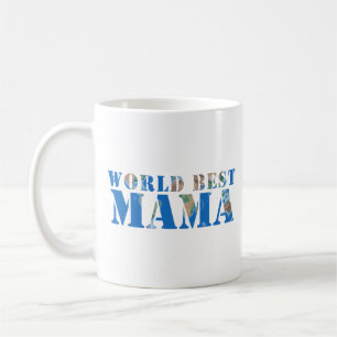 World Best Mama Wereldbol Natuur Typografie Blauw Koffiemok
