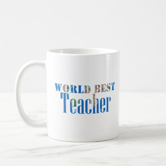 World Best Teacher Wereldbol Natuur Typografie Bla Koffiemok (Links)