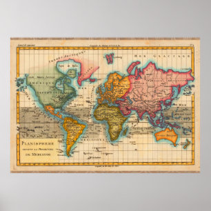 World Map 1700s Antique  Poster