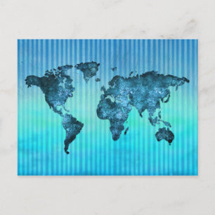 World Map   Neon Blue Stripes Briefkaart