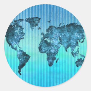 World Map   Neon Blue Stripes Ronde Sticker