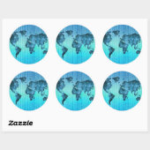 World Map | Neon Blue Stripes Ronde Sticker (Vel)