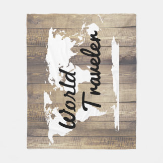 World Traveler White Wereldkaart Light Wood Fleece Deken