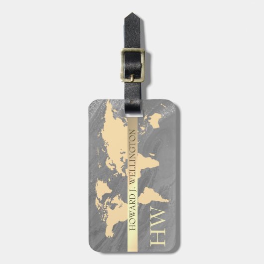 World Traveller Kaart Marble Glitter monogram Naam Bagagelabel (Voorkant verticaal)