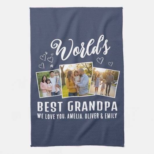 World's Best Grandpa Custom 3 Photo Collage Theedoek (Verticaal)